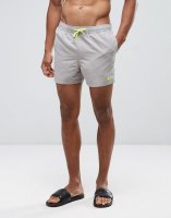 ASOS Swim Shorts In Stone With Neon Yellow Triangle Logo Short Length