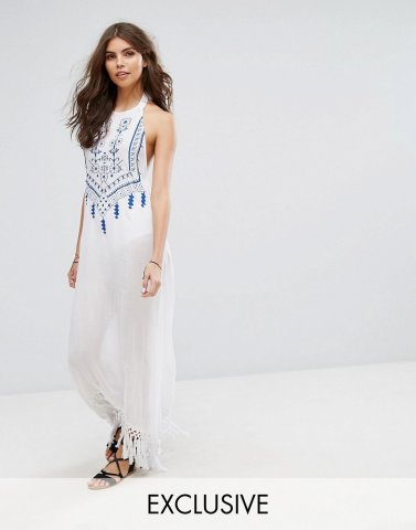 Akasa Embroidered Tie Back Tassel Maxi Beach Dress