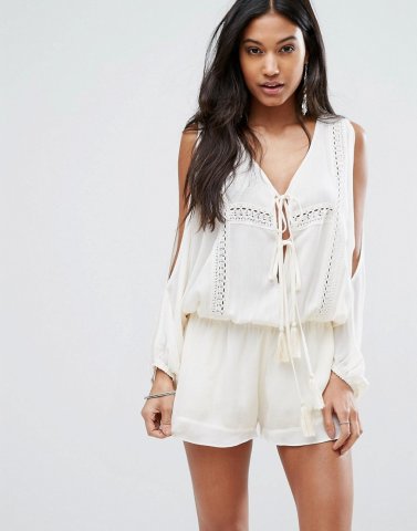 Surf Gypsy Crochet Trim Cold Shoulder Gauze Beach Playsuit