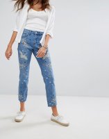 Pimkie Embroidered Distressed Straight Leg Jeans