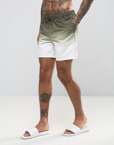 ASOS Swim Short In Khaki Dip Dye In Mid Length