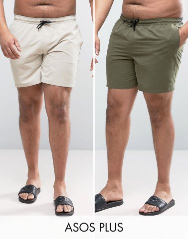 ASOS PLUS Swim Shorts 2 Pack In Khaki & Stone Mid Length SAVE