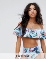 Missguided Tropical Print Frill Bardot Bikini Top